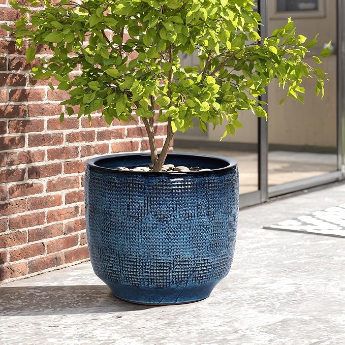 LuxenHome 15.5" Dia Large Ceramic Pots for Plants, Ocean Blue Glazed Planters for Outdoor Plants, Round Indoor Flower Pots with Drainage Hole and Rubber Plug for Home Garden Patio-Ruum Studio Home