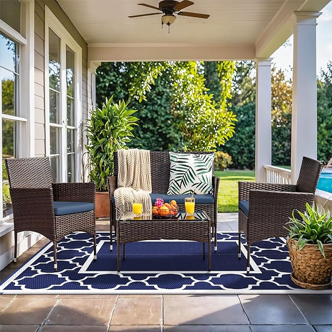 GENIMO 3' x 5' Outdoor Rug Waterproof for Patio Decor, Foldable Reversible Plastic Straw Area Rugs Mat for Camper, Outside Carpet for Rv, Deck, Porch, Picnic, Beach, Balcony, Blue & White-Ruum Studio Home