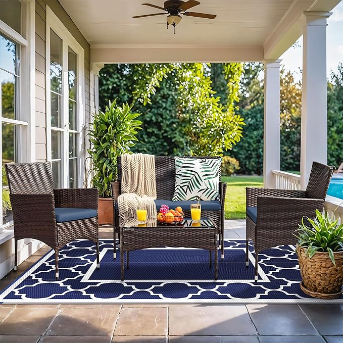 GENIMO 9' x 12' Outdoor Rug Waterproof for Patio Decor, Foldable Reversible Plastic Straw Area Rugs Mat for Camper, Outside Carpet for Rv, Deck, Porch, Picnic, Beach, Balcony, Blue & White-Ruum Studio Home