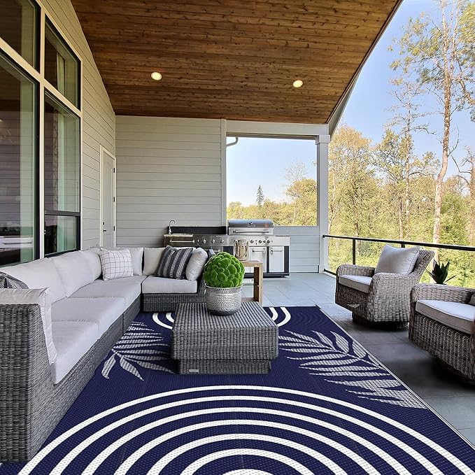 GENIMO Outdoor Rug 6' x 9' Waterproof for Patio Clearance, Reversible Lightweight Plastic Straw Camping Carpet, Large Area Rugs Mats for Rv, Backyard, Deck, Porch, Picnic, Balcony, Mix-Blue & White-Ruum Studio Home