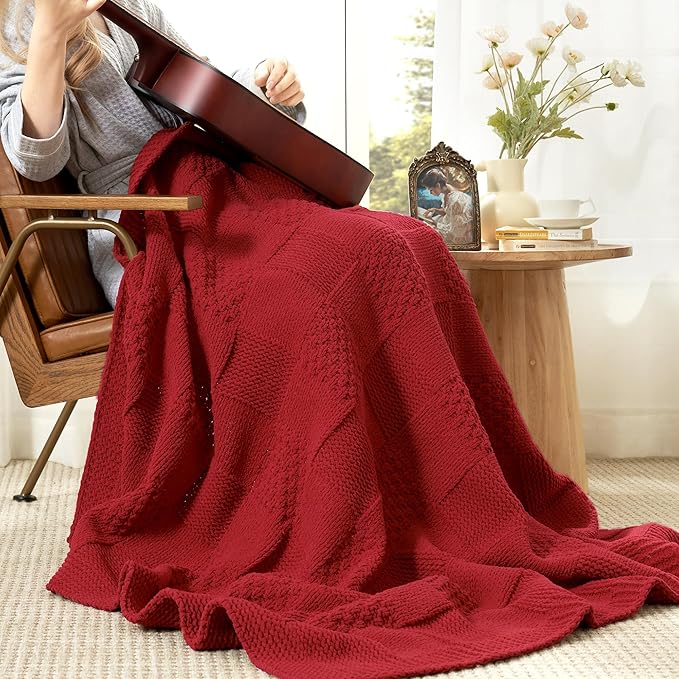 Amélie Home Chenille Knit Throw Blanket for Couch, Checkered Texture Decorative Soft Blanket for Sofa, Bed & Living Room, 50"x60", Red-Ruum Studio Home