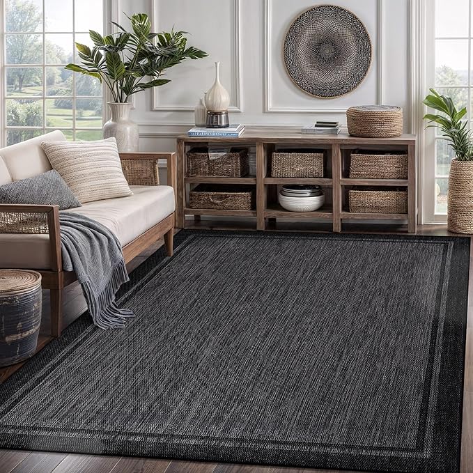 CAMILSON Indoor Outdoor Rug, 5x7 Bordered Dark Grey Black Modern Area Rugs for Indoor and Outdoor Patios, Kitchen and Hallway Mats, Washable Porch Deck Outside Carpet (Bordered Black, 5 x 7)-Ruum Studio Home