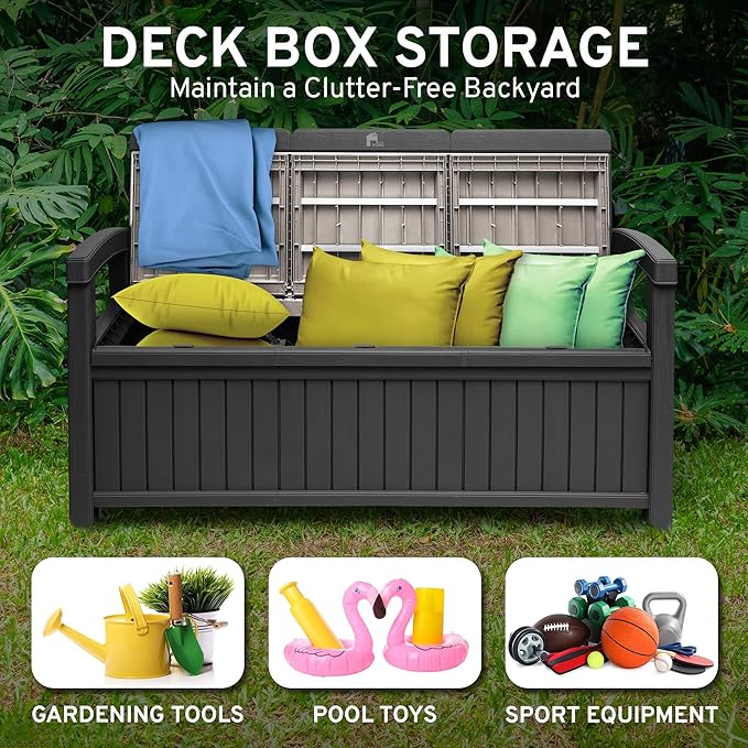 EconoHome 3 Seat Outdoor Storage Bench - 90 Gallon Capacity - Weatherproof Resin Bench for Patio, Porch, Garden, Yard, Pool Area - Furniture for Pool Accessories, Gardening Tools, Toys-Ruum Studio Home