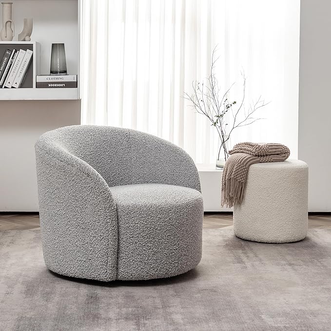 KINWELL 34" Boucle Swivel Barrel Chair with 18" Round Ottoman Set, Fully Assembled Set of Sherpa Accent Chair and Footrest, Modern Comfy Armchair and Footstool for Living Room and Bedroom, Black White-Ruum Studio Home