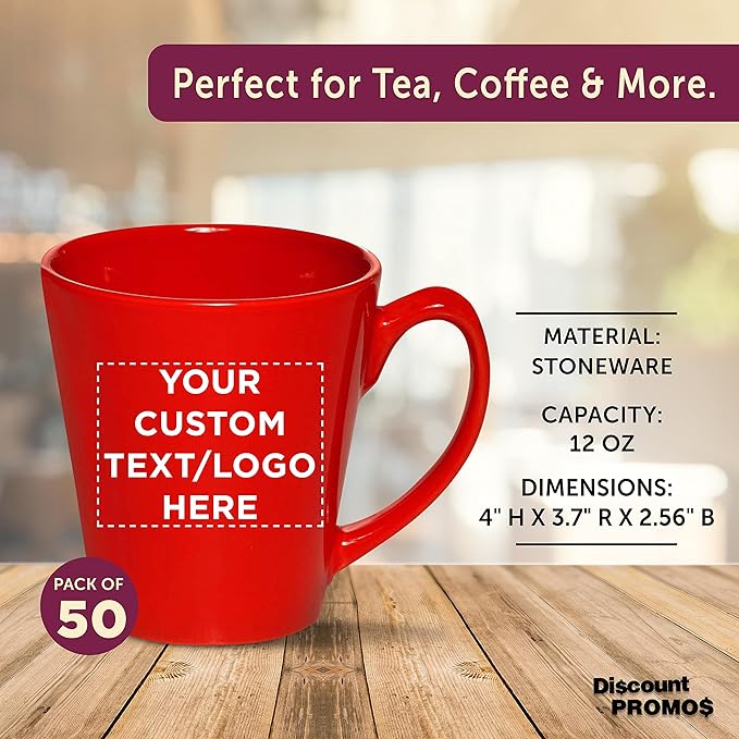 DISCOUNT PROMOS Custom Glossy Ceramic Latte Coffee Mug 12 oz. Set of 50, Personalized Bulk Pack - Perfect for Tea, Espresso, Cappuccino, Hot Cocoa - Red-Ruum Studio Home