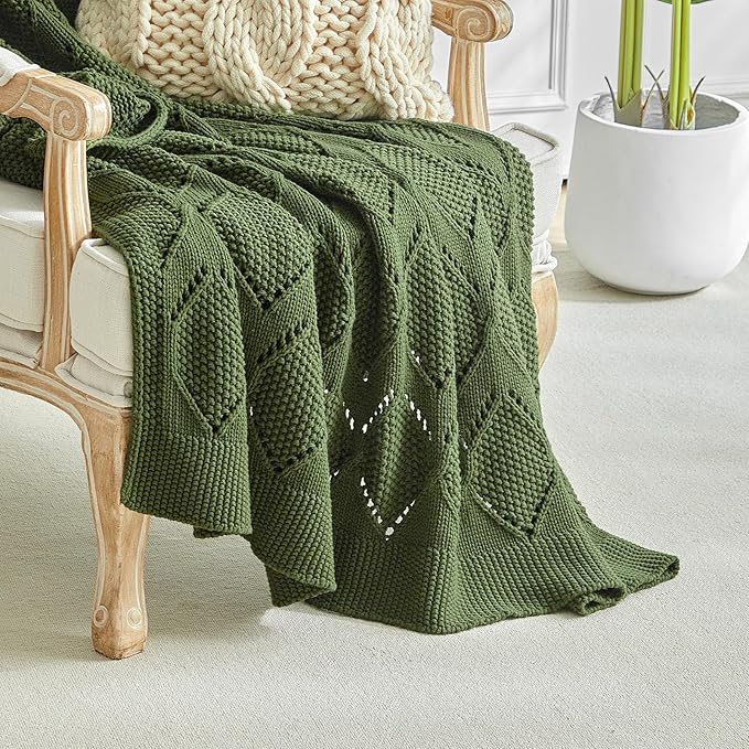 Longhui bedding Chunky Cotton Knit Throw Blanket for Couch, Sofa, Bed, or Chair, Decorative Breathable Fall Cable Knit Blanket 51 x 63 Inches, Olive Green-Ruum Studio Home