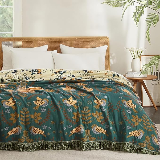 Boho Throw Blanket for Couch Sofa Bed, 100% Cotton Woven Quilt with Tassel 60”x80”, Super Soft Muslin Blanket with Bird Printed, Decorative Reversible Bed Blanket/Cover for All Seasons-Ruum Studio Home