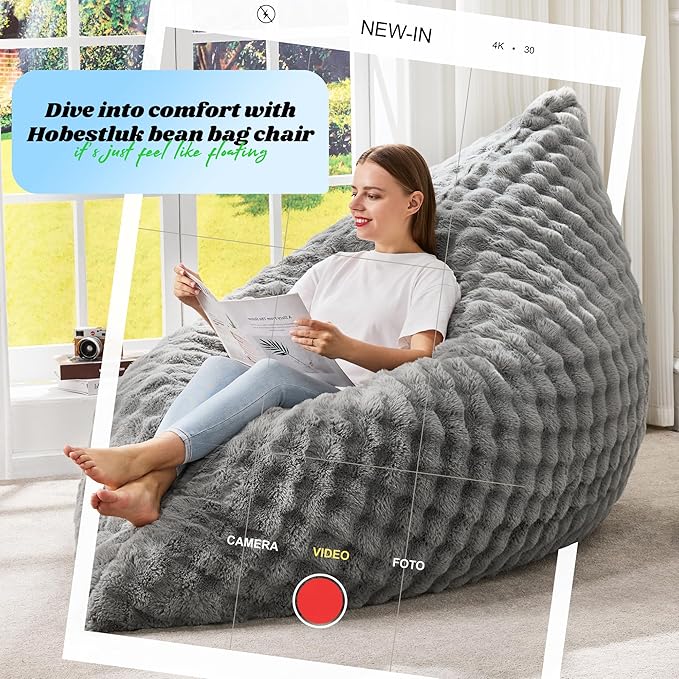Hobestluk 3 in 1 Bean Bag Chair Giant Bean Bag Chairs for Adults with Bubble Cover Convertible Bean Bag Floor Cushion with Machine Washable Cover for Living Room (Bubble Grey)-Ruum Studio Home