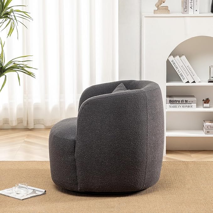 KINWELL 34" Wide Boucle Swivel Barrel Chair, No Assembly Round Upholstered Armchair Accent Chair Single Sofa Chair with Toss Pillow for Living Room and Bedroom, Dark Grey-Ruum Studio Home