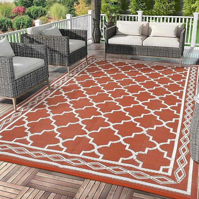 GAOMON Outdoor Rug Waterproof 8'x10', Reversible Outdoor Plastic Straw Rug, Boho Patio Rug, Indoor Outdoor Carpet, RV Mat Outside for Patio, Camp, Picnic, Balcony, Deck, Orange/White(Geometric)-Ruum Studio Home