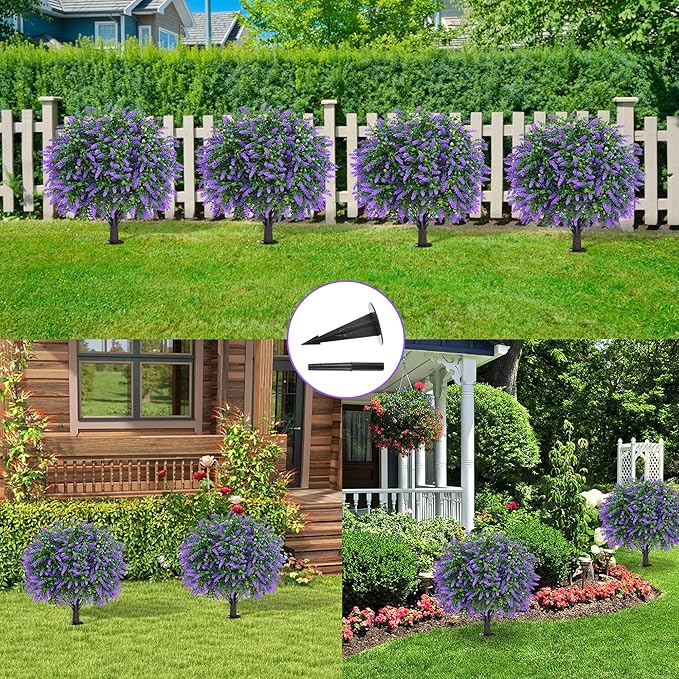 Artificial Boxwood Topiary Ball with Lavender, Set of 2 Artificial Shrub Bushes with Ground Spike, Fake Evergreen Tree for Porch, Artificial Plants for Outdoor Planters Indoor UV Resistant-Ruum Studio Home