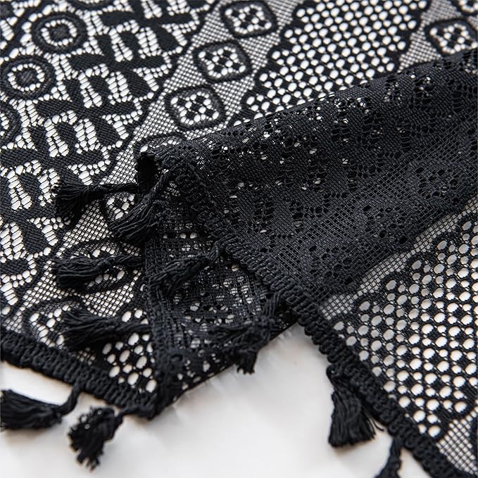 Sutuo Home Black Boho Valance Curtains Crochet Lace Sheer Bohemian Hollow Knitted with Tassels, Privacy Vintage Mid Century Farmhouse Tier for Kitchen, Rod Pocket 1 Panel,59" W x 36" L-Ruum Studio Home