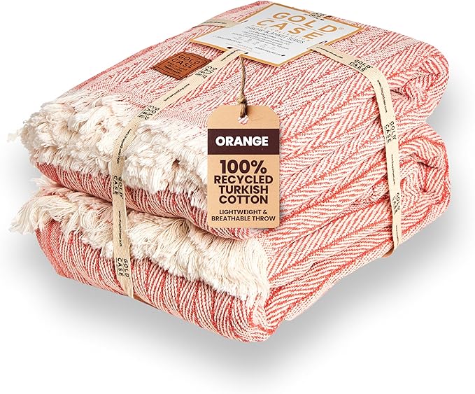 Gold Case Throw Blanket for Couch – 100% Recycled Turkish Cotton Blankets – Elegant Decorative Throw Blankets for Living Room Sofa – Woven Throws for Couch – Vintage Orange – 50x60 (Set of 2)-Ruum Studio Home