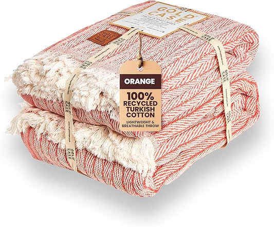 Gold Case Throw Blanket for Couch – 100% Recycled Turkish Cotton Blankets – Elegant Decorative Throw Blankets for Living Room Sofa – Woven Throws for Couch – Vintage Orange – 50x60 (Set of 2)-Ruum Studio Home