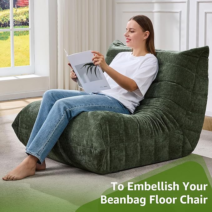 Bean Bag Chairs for Adults Giant Bean Bag Chair Memory Foam BeanBag Chair Big Bean Bag Sofa with Filler Faux Fur Fireside Beanbags Lazy Sofa for Living Room Bedroom Dorm Office (Green Chenille)-Ruum Studio Home