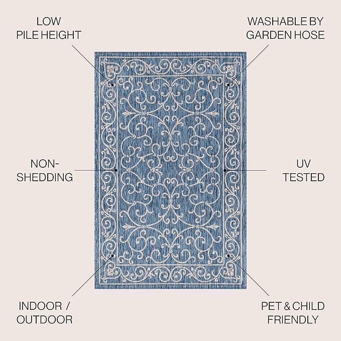 JONATHAN Y Vintage Filigree Indoor Outdoor Area Rug 5X8 Navy/Gray, Charleston Textured Weave for Backyard, Patio, Porch, Easy-Cleaning, High Traffic, Pet-Friendly, Non-Shedding (SMB106D-5)-Ruum Studio Home