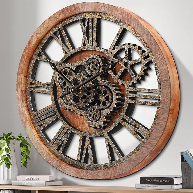 HOIBAI Large Wall Clock, Wall Clocks for Living Room Decor 20 Inch Farmhouse Vintage Rustic Kitchen Wall Decor Vintage Roman Oversized Wall Clock for Home Bedroom House, Moving Gears Clock-Ruum Studio Home