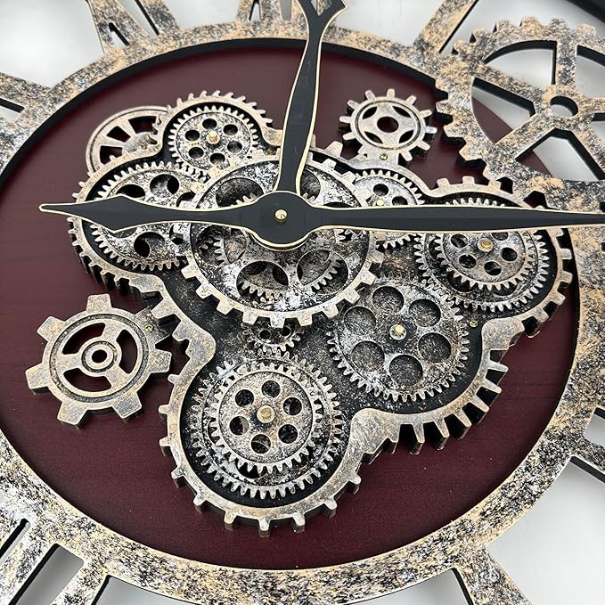 The B-Style Large Real Moving Gears Wall Clock 30 inch Rustic Retro Industrial Farmhouse Wood Clock Oversized Decorative Vintage Wall Clocks for Living Room (Cherry red and Bronze-Ruum Studio Home