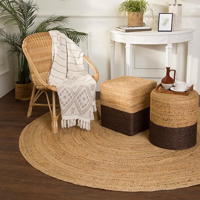 REDEARTH · Cube Pouf Foot Stool Ottoman - Jute Braided Pouffe Poof Accent Sitting Footrest for The Living Room, Bedroom, Nursery, Patio, Lounge & Other Rooms (14.5”x14.5”x16”; Natural Acorn)-Ruum Studio Home