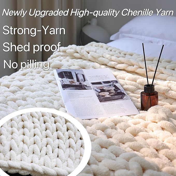 Maetoow Chenille Chunky Knit Blanket Throw （60×80 Inch）, Handmade Warm & Cozy Blanket Couch, Bed, Home Decor, Soft Breathable Fleece Banket, Christmas Thick and Giant Yarn Throws, Cream-Ruum Studio Home