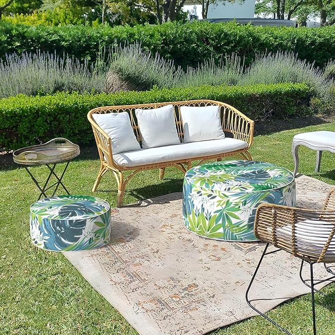 LVTXIII Outdoor/Indoor Round Inflatable Ottoman, All Weather Patio Footstool, Portable Footrest Seat for Patio Garden, Camping or Home, 21"x21"x9", Islamorada Blue Green-Ruum Studio Home