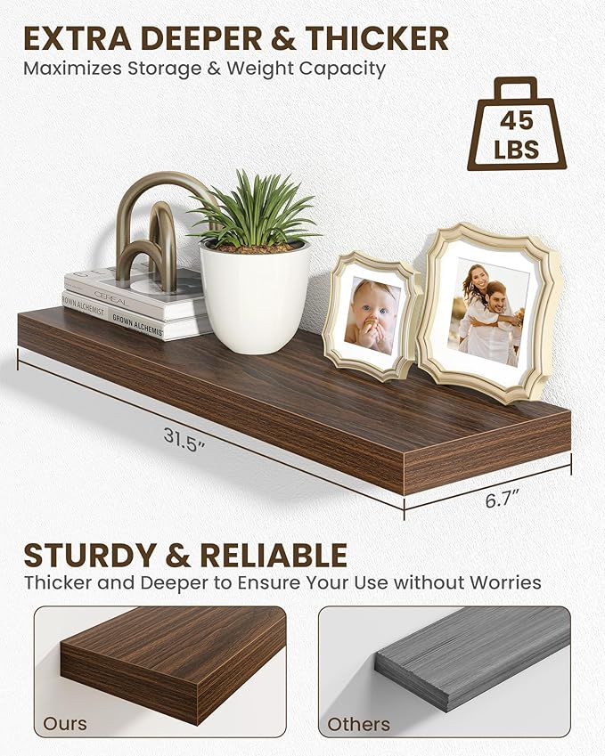 Marsmiles 31.5" Floating Shelves for Wall, Wooden Shelves with Invisible Brackets Set of 2, Rustic Farmhouse Wall Mounted Shelf for Kitchen Bathroom Living Room Study, Walnut-Ruum Studio Home
