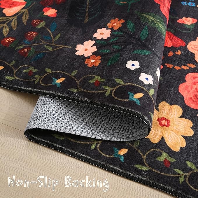 Bedroom Rug 3x5 Rug Washable Area Rug Non Slip Low Pile Boho Floral Small Carpet for Bedroom, Bedside, Kitchen, Entryway, Kids Room, Office, College Dorm Essentials for Girls(Black)-Ruum Studio Home