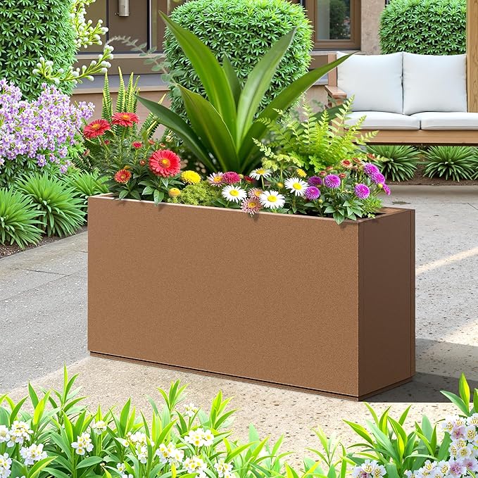 FENCY Metal Rectangular Planter Box, Large Planters for Outdoor Plants, Tall Planters for Outdoor Plants with Drainage Holes (32" L x 10" W x 16.3" H,Brown)-Ruum Studio Home