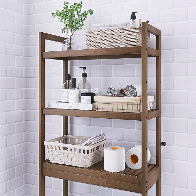 SMIBUY Bathroom Storage Shelf, Bamboo Over-The-Toilet Organizer Rack, Freestanding Toilet Space Saver with 3-Tier Adjustable Shelves (Walnut)-Ruum Studio Home
