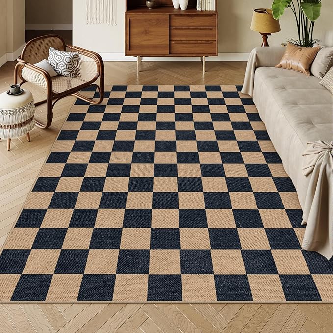 Lahome Checkered Easy Jute Carpet, Washable Area Rug 6x9 Neutral Outdoor Patio Rug, Farmhouse Checkerboard Non Slip Non Shedding Floor Carpet for Dining Living Room Deck Sunroom-Ruum Studio Home