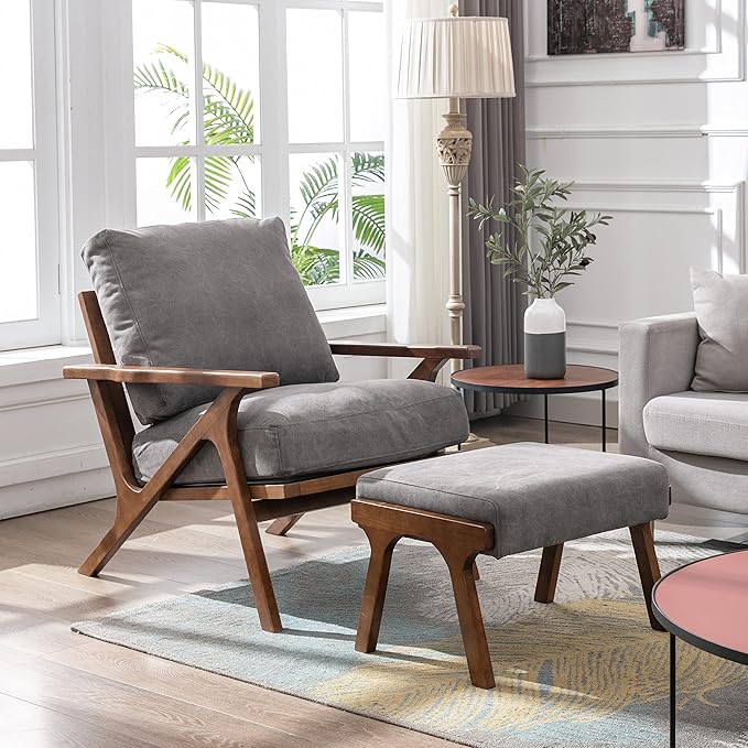 chairus 2 Sets Mid-Century Modern Accent Chairs with Ottoman, Linen Fabric Armchair with Wood Legs Comfy Upholstered Single Sofa Chair for Living Room/Bedroom/Lounge, Grey-Ruum Studio Home