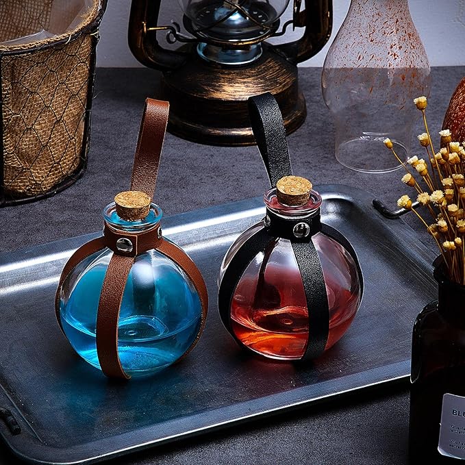 Patelai 2 Pcs Halloween Glass Potion Bottles with Belt Cork Renaissance Witch Costume Accessories Witch Props Potion Bottle for Halloween Party Decor Cosplay DIY Crafts Gift (Black,Brown)-Ruum Studio Home