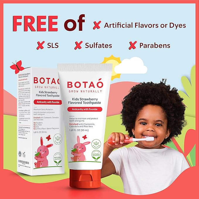 Kids Natural Strawberry Flavored Anticavity Fluoride Toothpaste Maximum Cavity Protection Cleans Children’s Teeth Protects Gums Chamomile Aloe Vera Calendula Xylitol for Ages 2 and Up-Ruum Studio Home