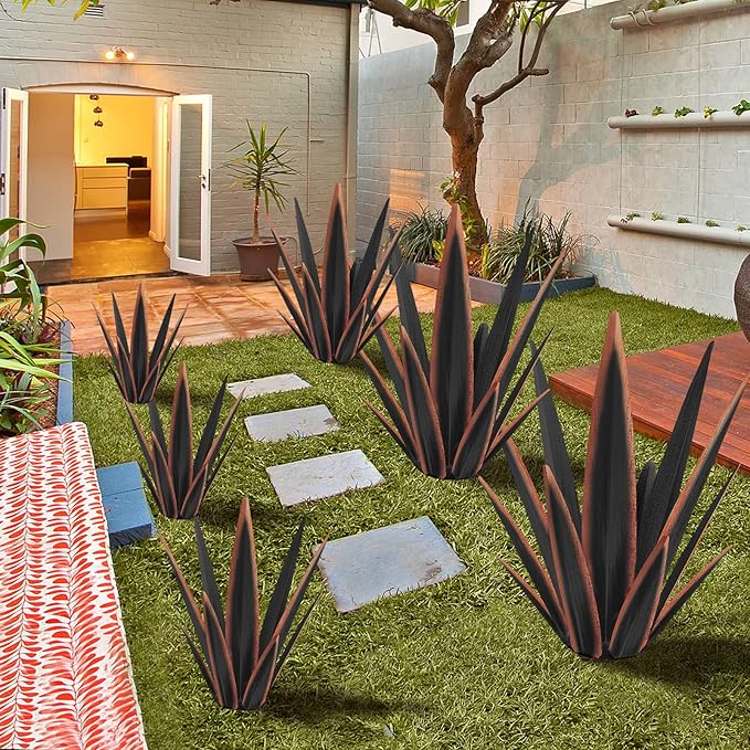 Large Tequila Rustic Sculpture, Rustic Metal Agave Plants for Outdoor Patio Yard, Home Decor Hand Painted Metal Agave Garden Yard Statue, Outdoor Lawn Ornaments Yard Stakes (Black -L)-Ruum Studio Home