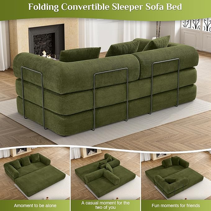 80.3" Convertible Sleeper Sofa Bed with Cylindrical Pillow, Corduroy Folding Mattress Couch with Fixed-Shape Frame, Modular Floor Sofa Lounge Couch for Living Room Bedroom Lounge, Green-Ruum Studio Home