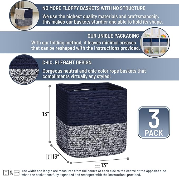 NaturalCozy 13 Inch Cube Storage Bins Cotton Rope Woven Baskets for Organizing 3-Pack | 13 x 13 Storage Cubes | Fabric Square Storage Baskets for Shelves Organizer, Kids Toy Bins, Closet Baby Nursery-Ruum Studio Home