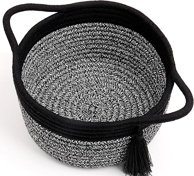 Small Gift Basket Empty to Fill – SweetMemo Mini Woven Rope Organizer Baskets for Gifting, Baby Shower, Desk, Bathroom, Shelves – Decorative Soft Bin with Gift Bag & Ribbon – Black Grey-Ruum Studio Home