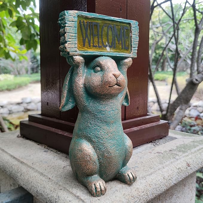 Rabbit Solar Welcome Garden Statues Outdoor Décor-Rabbit Figurines Solar LED Light Lawn Ornaments - Yard Decorations for Patio, Balcony, Backyard -Unique House Warming Gifts for Mom-Ruum Studio Home