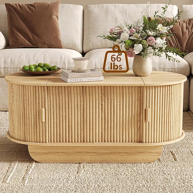 Lift Top Coffee Table with Storage,Oval Wood Coffee Table with Sliding Doors & Hidden Compartment, Fluted Center Table for Home,Living Room,Office, Natural-Ruum Studio Home