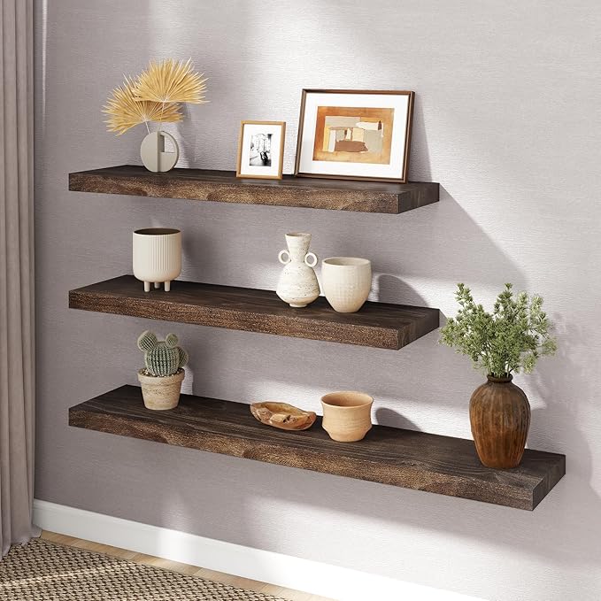 RICHFOCUS Elm Floating Shelves for Wall - 36" W x 9.3" D Rustic Solid Wood Shelves with Invisible Bracket, Wall-Mounted for Living Room, Bedroom, Kitchen Storage & Display, Set of 2, Walnut-Ruum Studio Home