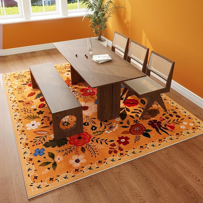 Living Room Rug 6x9 Rug Machine Washable Boho Area Rug Non Slip Floral Vintage Low Pile Large Rug for Living Room, Bedroom, Farmhouse, Dining Room, Kids Playroom(Yellow)-Ruum Studio Home