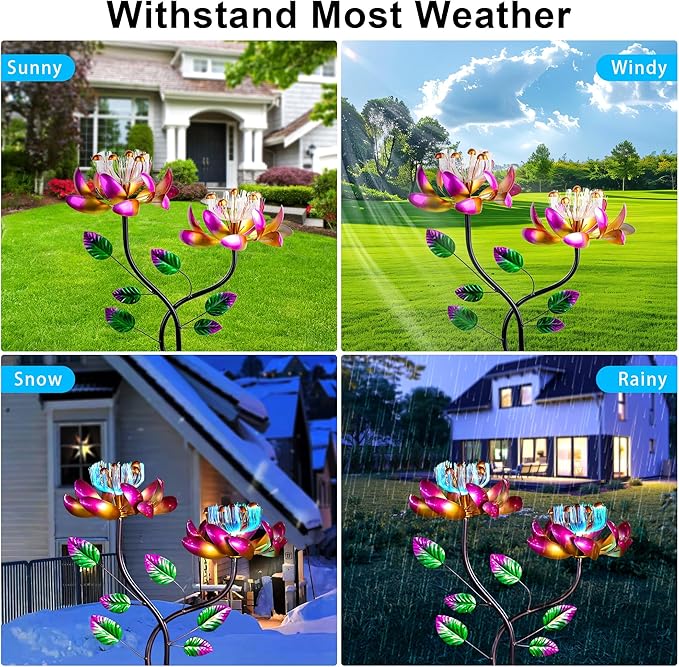 55'' Solar Powered Kinetic Wind Spinner Sculpture Pink Lotus Metal Stake Spinner for Patio, Lawn and Garden Decor Weather-Resistant Outdoor Art with Dual Lotus Design-Ruum Studio Home