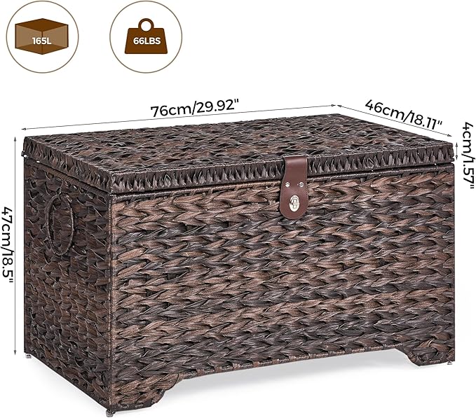 Handwoven Storage Basket with Lid, 165L Plastic Rattan Storage Bin, Leather Buckle & Metal Frame, Large Metal Ring Handles, Storage Trunk for Bedroom, Laundry Room-Ruum Studio Home