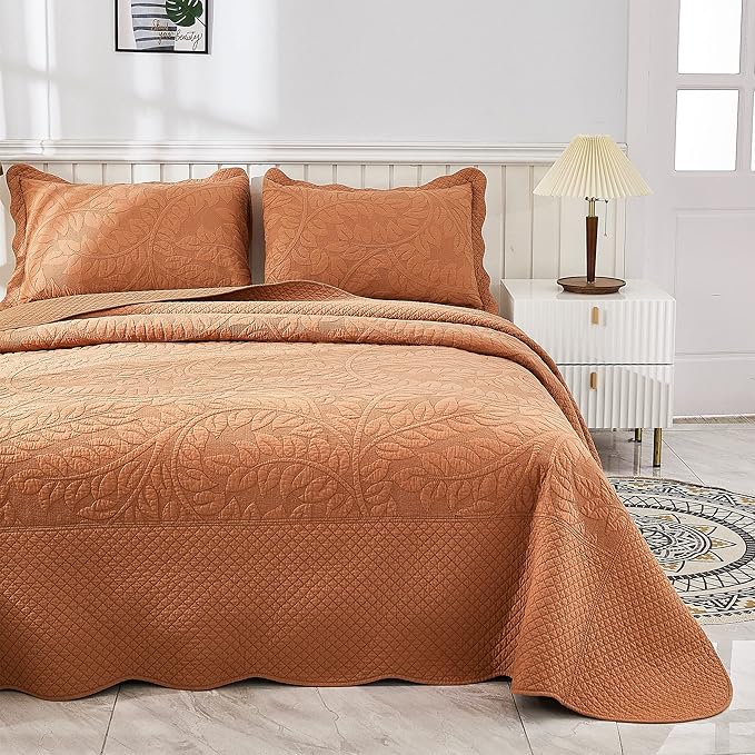 MarCielo 3-Piece 100% Cotton Oversized Bedspread Lightweight Quilt Coverlet Embroidery Farmhouse Bedding Set T0 (Royal Orange, Oversized Queen (100"x106"))-Ruum Studio Home