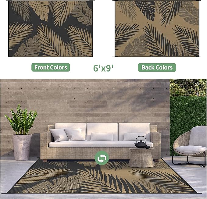 GENIMO Outdoor Rug 6' x 9' Waterproof for Patios Clearance, Reversible Outdoor Plastic Straw Camping Rug Carpet, Large Area Rugs Mats for RV, Camper, Deck, Balcony, Porch, Beach, Picnic, Black&Brown-Ruum Studio Home