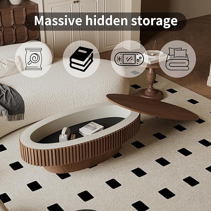 47.2''Oval Coffee Table with Storage, Mid Century Modern Fluted Drum Center Tables with Lid, Solid Wood Side Pedestal Coffee Table Tea Table for Living Room, Bedroom, Apartment-Walnut-Ruum Studio Home