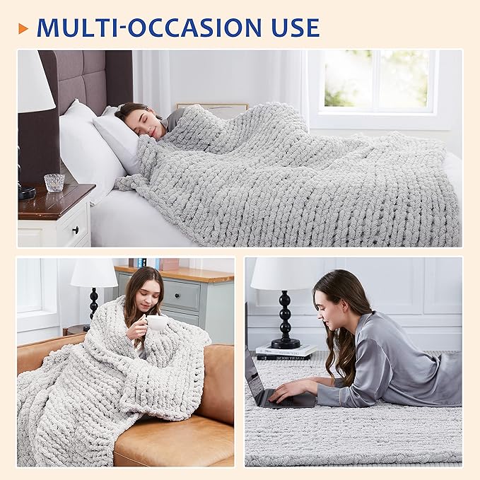 L'AGRATY Chunky Knit Blanket Throw: 30''x40'' Chenille Knitted Throw Blankets for Bed Couch - Handmade Thick Big Cable Knot Blanket - Large Chunky Crochet Rope Blankets for Home Decor(Grey)-Ruum Studio Home