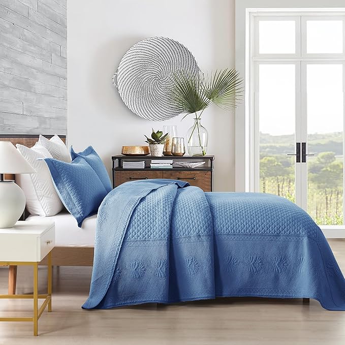 MarCielo 3-Piece 100% Cotton Oversized Bedspread Lightweight Quilt Coverlet Embroidery Farmhouse Bedding Set (TM Midtone Blue, Oversized King (118"x106"))-Ruum Studio Home