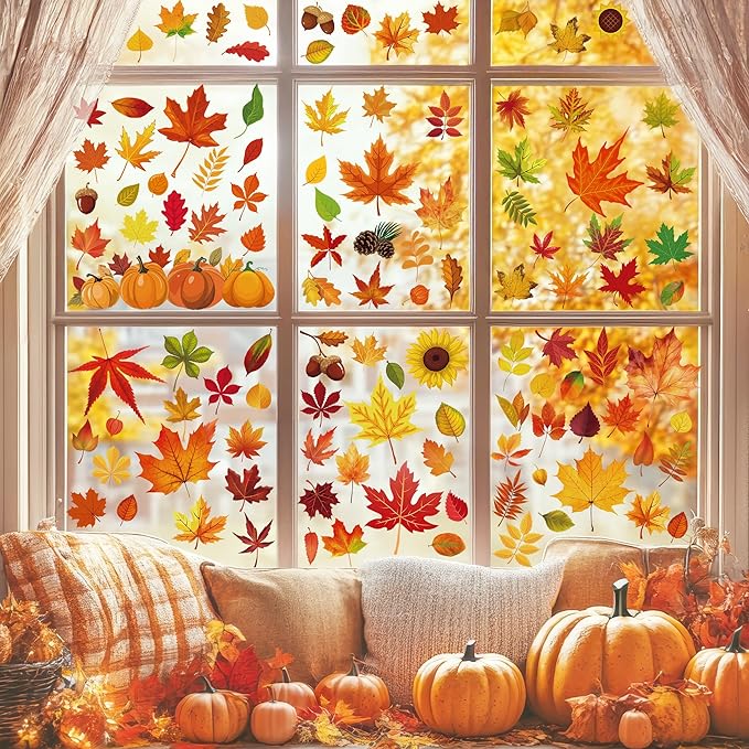 9 Sheets Fall Decorations, 274 PCS Fall Window Clings, Double Sided Autumn Stickers with Maple Leaves Pumpkin Nuts, Autumn Window Clings for Party Thanksgiving Decor Indoor Outdoor Accessories-Ruum Studio Home