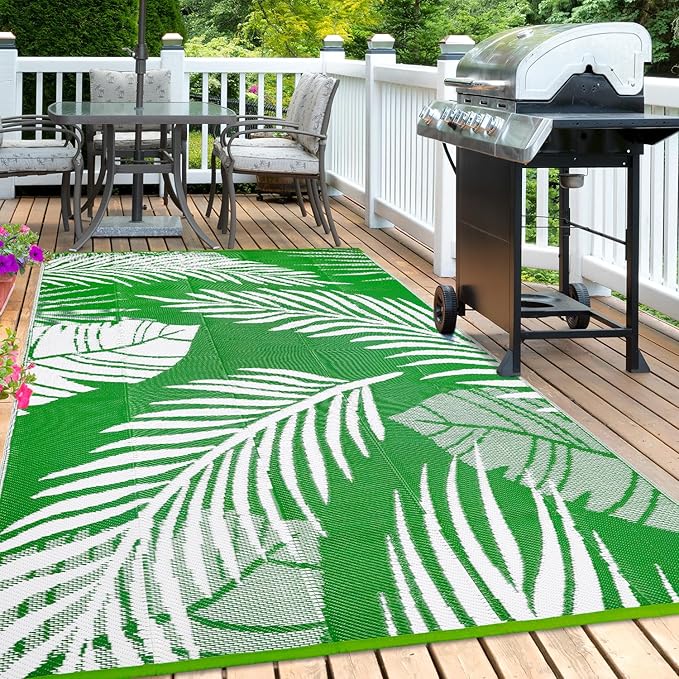 Waterproof Outdoor Rug 8x10ft, Green Leaf Reversible Plastic Straw Mat for Patio RV Deck Porch Backyard Balcony Camping Picnic Beach Indoor Outdoor Carpet, Green&White-Ruum Studio Home